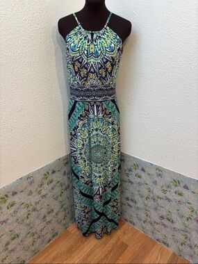 NWT London Style Collection blue and green sleeveless floral maxi dress. Size 10